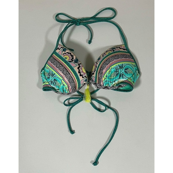 Green Teal Floral Bohemian Push-Up Bikini Top Swimwear Bathing Suit Size 34B 💚💙✨